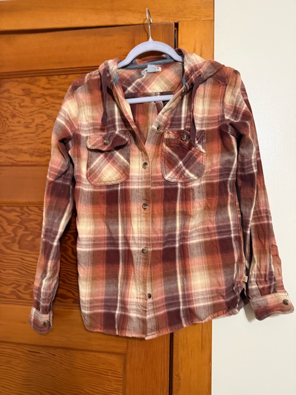 Carhartt Plaid Hooded Shirt Jacket in Rust and Cream